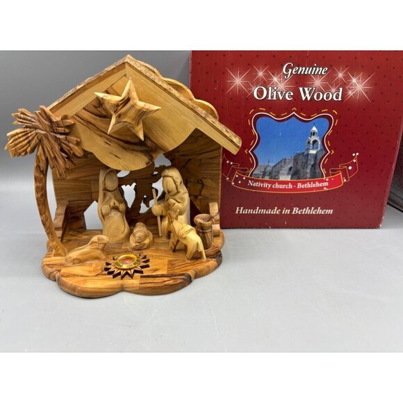 Handmade Olive Wood Nativity Set With‎ Stable  Figurines Bethlehem Music Box - Picture 1 of 11